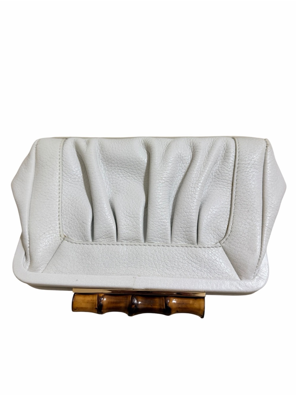 Elaine Turner White Leather Clutch Bamboo Handle with Small Mirror Chic Boho - Picture 4 of 11